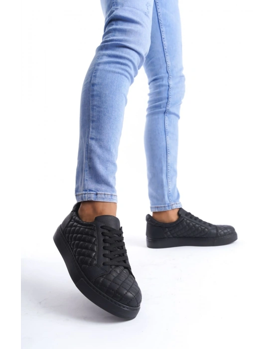 SLW166 Prestige Bağcıklı Cilt Kapitone Desenli Erkek Günlük Sneaker Ayakkabı CST - Siyah