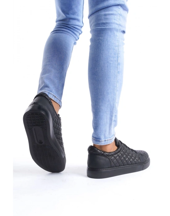 SLW166 Prestige Bağcıklı Cilt Kapitone Desenli Erkek Günlük Sneaker Ayakkabı CST - Siyah