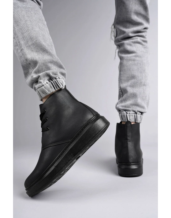 SLW207 Oslo Bağcıklı Cilt Erkek Günlük Spor Bot ST - Siyah