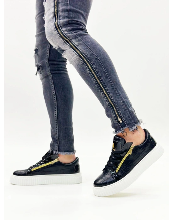 Snr-308 Boa Kalın Yüksek Taban Çift Fermuarlı Siyah Beyaz Erkek Ayakkabı Erkek Günlük Ayakkabı