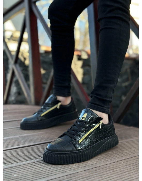 Snr-308 Boa Kalın Yüksek Taban Çift Fermuarlı Siyah Siyah Erkek Ayakkabı Erkek Günlük Ayakkabı