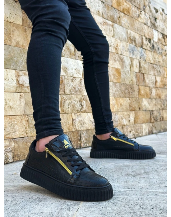 Snr-308 Boa Kalın Yüksek Taban Çift Fermuarlı Siyah Siyah Erkek Ayakkabı Erkek Günlük Ayakkabı