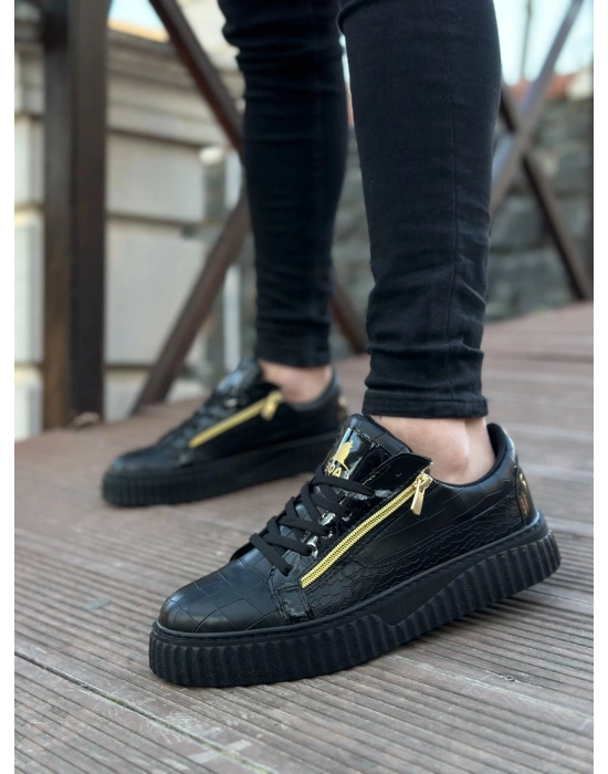 Snr-308 Boa Kalın Yüksek Taban Çift Fermuarlı Siyah Siyah Erkek Ayakkabı Erkek Günlük Ayakkabı