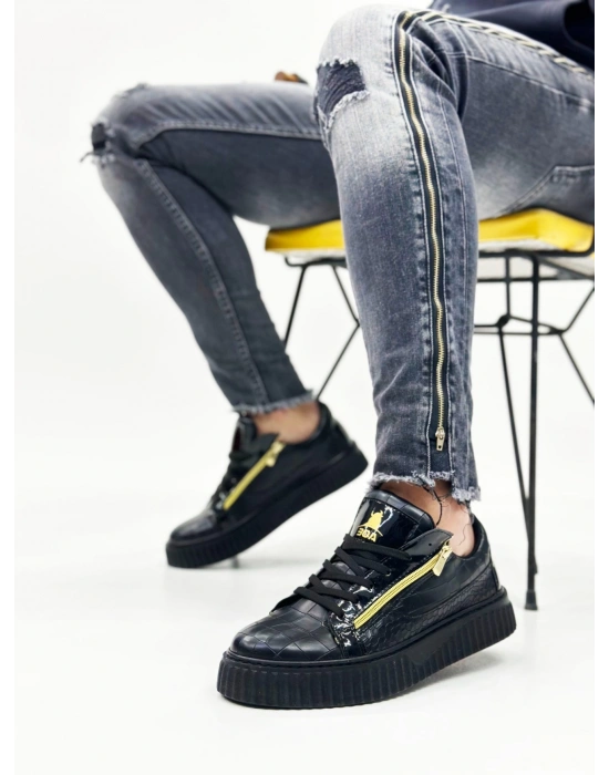 Snr-308 Boa Kalın Yüksek Taban Çift Fermuarlı Siyah Siyah Erkek Ayakkabı Erkek Günlük Ayakkabı