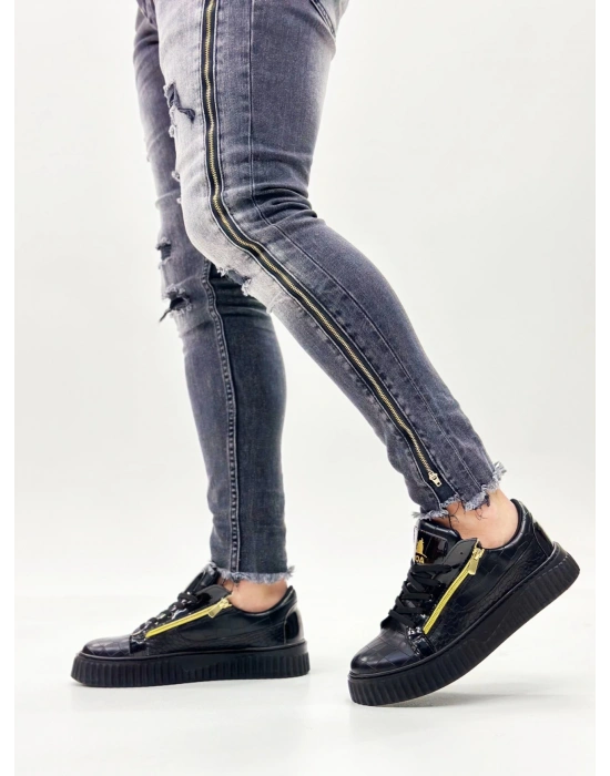 Snr-308 Boa Kalın Yüksek Taban Çift Fermuarlı Siyah Siyah Erkek Ayakkabı Erkek Günlük Ayakkabı