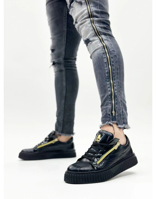 Snr-308 Boa Kalın Yüksek Taban Çift Fermuarlı Siyah Siyah Erkek Ayakkabı Erkek Günlük Ayakkabı