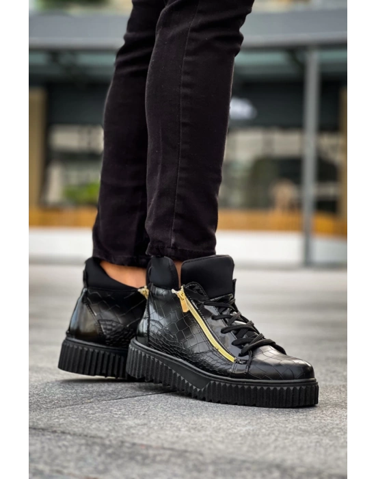 Snr-512 Boa Kalın Yüksek Siyah Taban Çift Fermuarlı Siyah Erkek Spor Erkek Bot