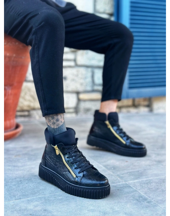 Snr-512 Boa Kalın Yüksek Siyah Taban Çift Fermuarlı Siyah Erkek Spor Erkek Bot