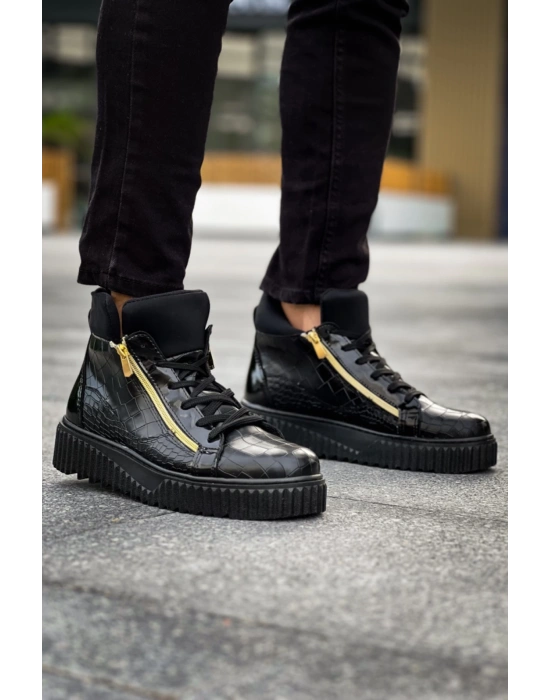 Snr-512 Boa Kalın Yüksek Siyah Taban Çift Fermuarlı Siyah Erkek Spor Erkek Bot