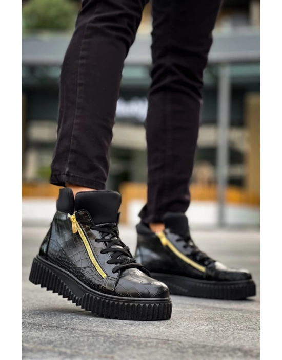 Snr-512 Boa Kalın Yüksek Siyah Taban Çift Fermuarlı Siyah Erkek Spor Erkek Bot