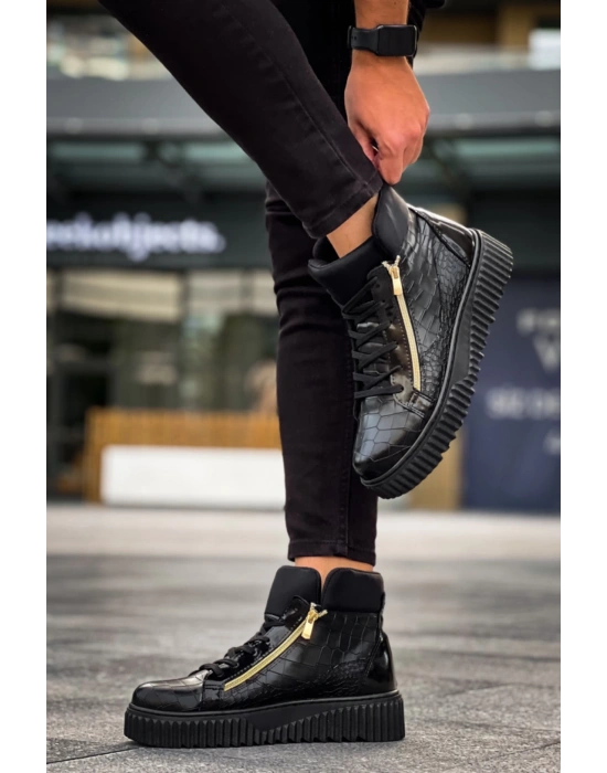 Snr-512 Boa Kalın Yüksek Siyah Taban Çift Fermuarlı Siyah Erkek Spor Erkek Bot