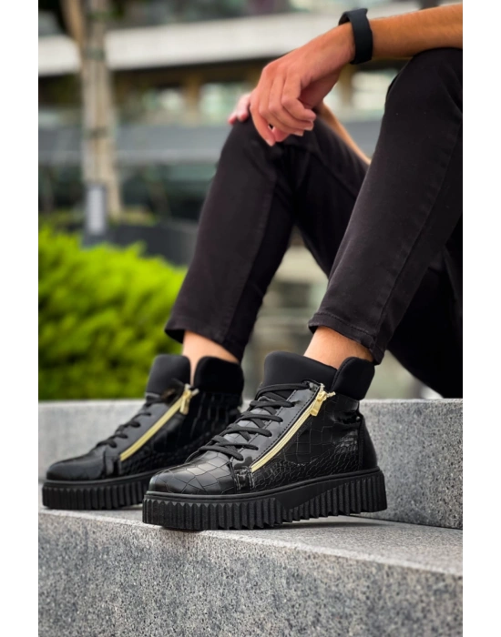 Snr-512 Boa Kalın Yüksek Siyah Taban Çift Fermuarlı Siyah Erkek Spor Erkek Bot