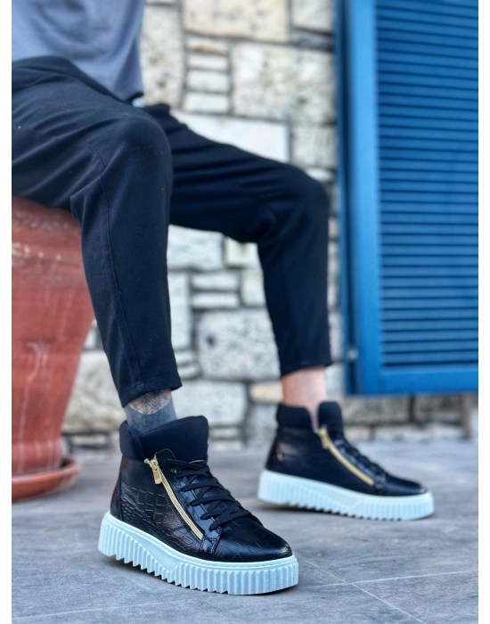 Snr-512 Boa Kalın Yüksek Taban Çift Fermuarlı Siyah Erkek Spor Erkek Bot