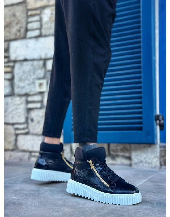 Snr-512 Boa Kalın Yüksek Taban Çift Fermuarlı Siyah Erkek Spor Erkek Bot