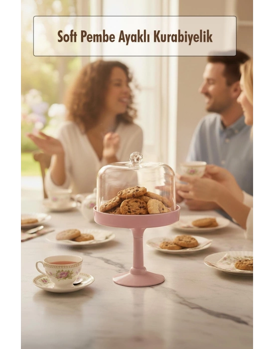 Soft Pembe Akrilik Ayaklı Kurabiyelik & Kapaklı Sunum Standı - 2 Parça