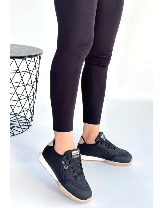 Tawen Siyah Cilt Bej Tabanlı Bağcıklı Spor Ayakkabı