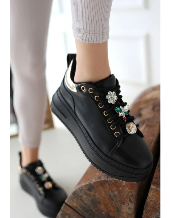 Tenya Siyah Cilt Taşlı Bağcıklı Kadın Spor Ayakkabı