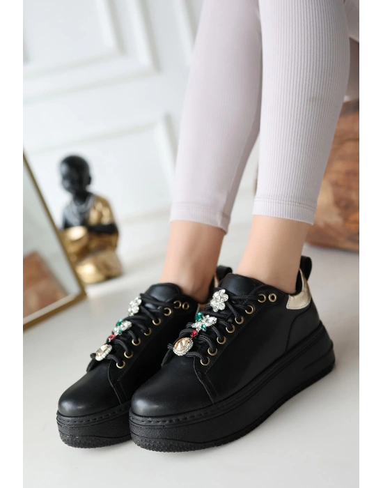 Tenya Siyah Cilt Taşlı Bağcıklı Kadın Spor Ayakkabı