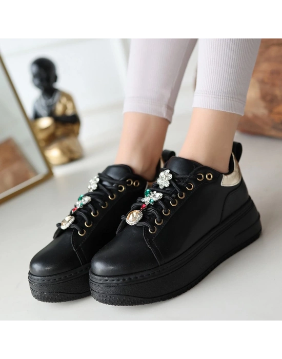 Tenya Siyah Cilt Taşlı Bağcıklı Kadın Spor Ayakkabı