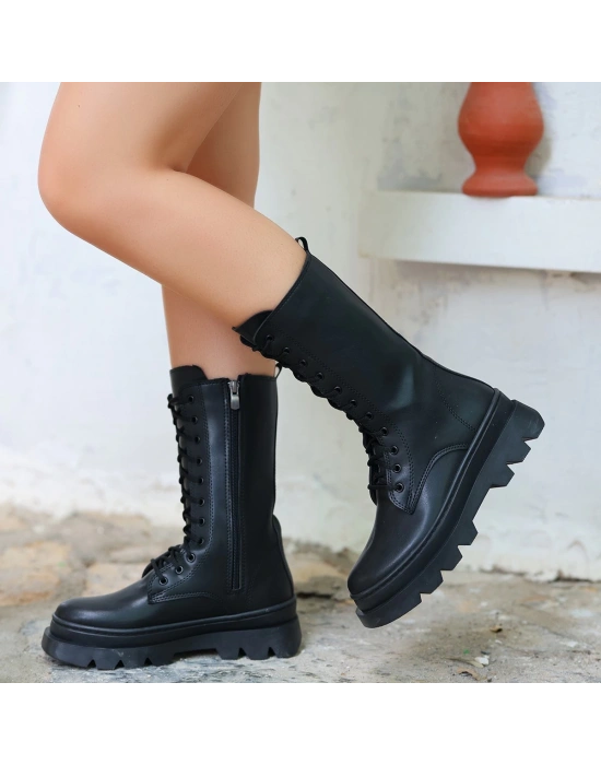 Toir Siyah Cilt Bağcıklı Postal Kadın Bot