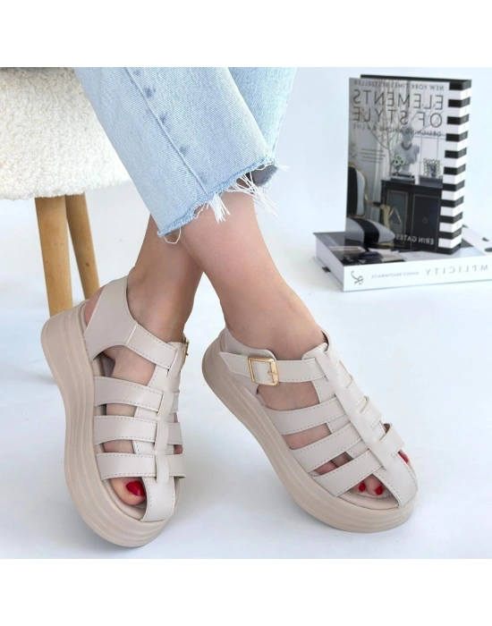 Toten Bej Cilt Kemerli Kadın Sandalet