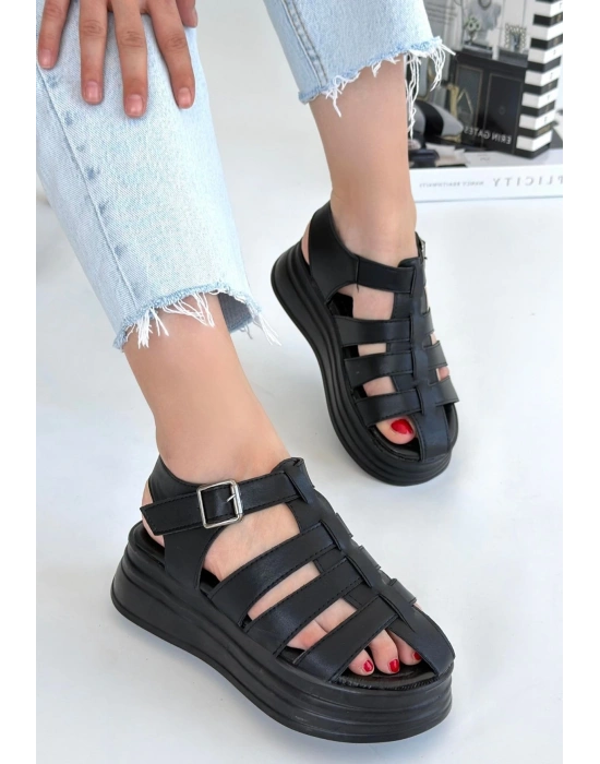 Toten Siyah Cilt Kemerli Kadın Sandalet