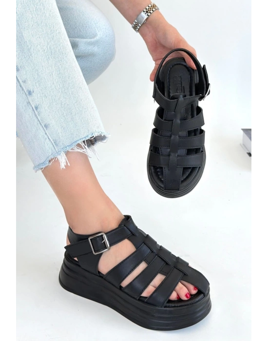 Toten Siyah Cilt Kemerli Kadın Sandalet