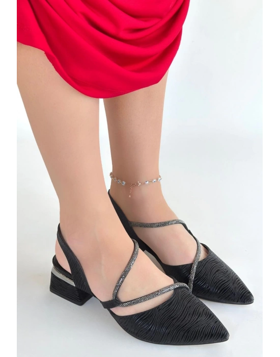 Utana Siyah Cilt Simli Topuklu Ayakkabı