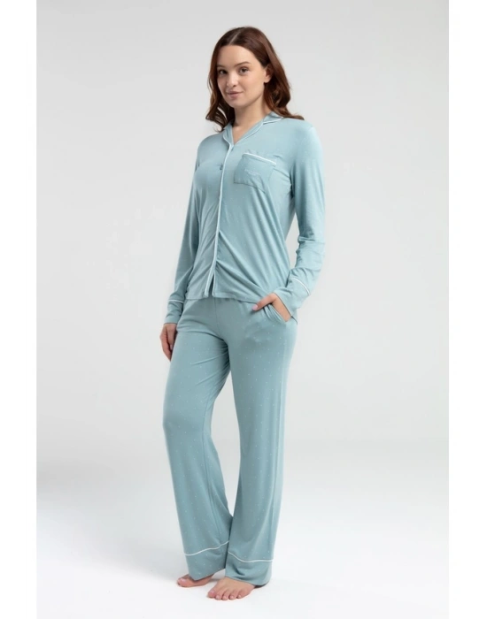 Uzun Kol Önden Düğmeli Kadın Pijama Takımı 8986