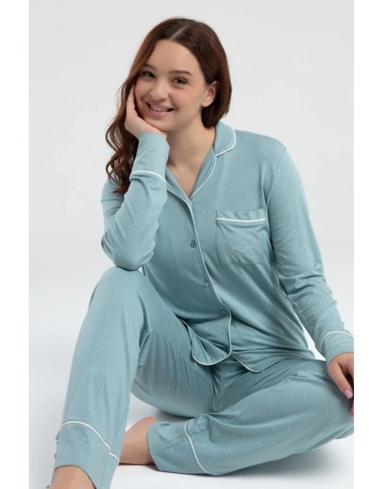 Uzun Kol Önden Düğmeli Kadın Pijama Takımı 8986