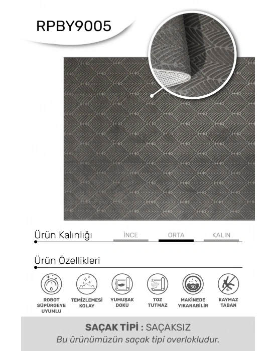 Valen - ANTRASİT-Salon-Oturma Odası-Mutfak-Yıkanabilir-Robot Süpürge-Kaymaz Taban-Modern