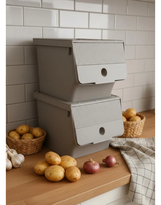 Vizon 2Li 13,5 LT Modubox Kayar Kapaklı Saklama Kabı & Patates Soğan Kovası & Erzak Kutusu