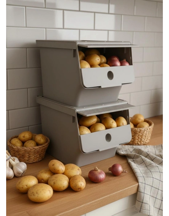 Vizon 2Li 13,5 LT Modubox Kayar Kapaklı Saklama Kabı & Patates Soğan Kovası & Erzak Kutusu