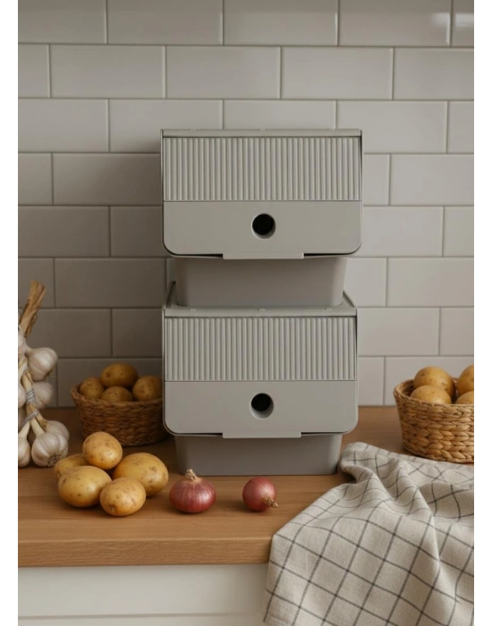 Vizon 2Li 13,5 LT Modubox Kayar Kapaklı Saklama Kabı & Patates Soğan Kovası & Erzak Kutusu