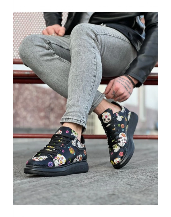 Wagoon Wg501 Siyah Desenli Kuru Kafa Boyalı Erkek Casual Ayakkabı Erkek Günlük Ayakkabı