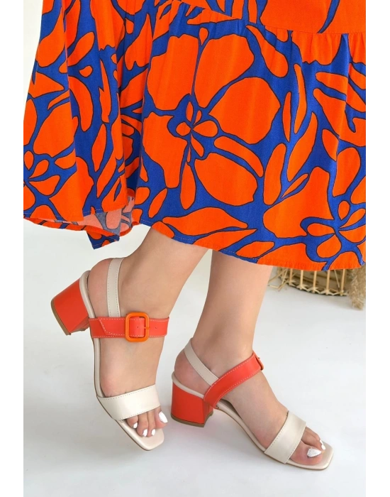 Year Bej Cilt Turuncu Detaylı Turuncu Topuklu Kadın Topuklu Ayakkabı