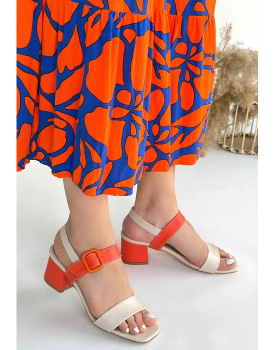 Year Bej Cilt Turuncu Detaylı Turuncu Topuklu Kadın Topuklu Ayakkabı