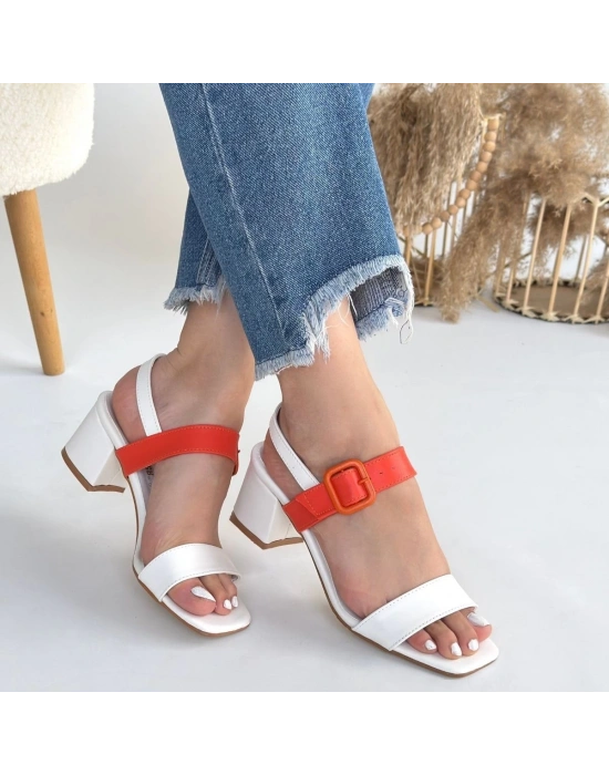 Year Beyaz Cilt Turuncu Detaylı Beyaz Kadın Topuklu Ayakkabı