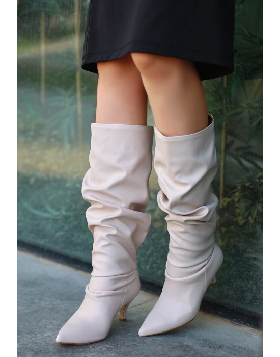 Zelya Bej Cilt Topuklu Çizme