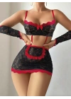 5 parça Kırmızı Siyah Dantel Çiçek Desen Hizmetçi Model Özel Fantezi Tanga Hediyeli 2043