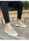 BA0154  Bağcıksız Yüksek Taban Keten Krem Renk Püsküllü Erkek Ayakkabı