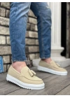 BA0154  Bağcıksız Yüksek Taban Keten Krem Renk Püsküllü Erkek Ayakkabı