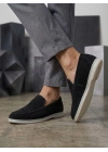 BA0252 %100 İçi Dışı Hakiki Deri Erkek Siyah Süet Casual Loafer Termo Taban Ayakkabı