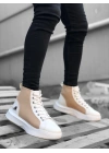 BA0256 Bağcıklı Erkek Yüksek Taban Beyaz Krem Taban Spor Bot