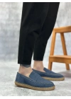 BA0359 BOA Doğal Deri Tozu Bağcıksız Kauçuk El Yapımı Espadril Taban Mavi Renk Erkek Ayakkabı