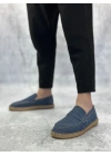 BA0359 BOA Doğal Deri Tozu Bağcıksız Kauçuk El Yapımı Espadril Taban Mavi Renk Erkek Ayakkabı
