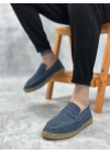 BA0359 BOA Doğal Deri Tozu Bağcıksız Kauçuk El Yapımı Espadril Taban Mavi Renk Erkek Ayakkabı
