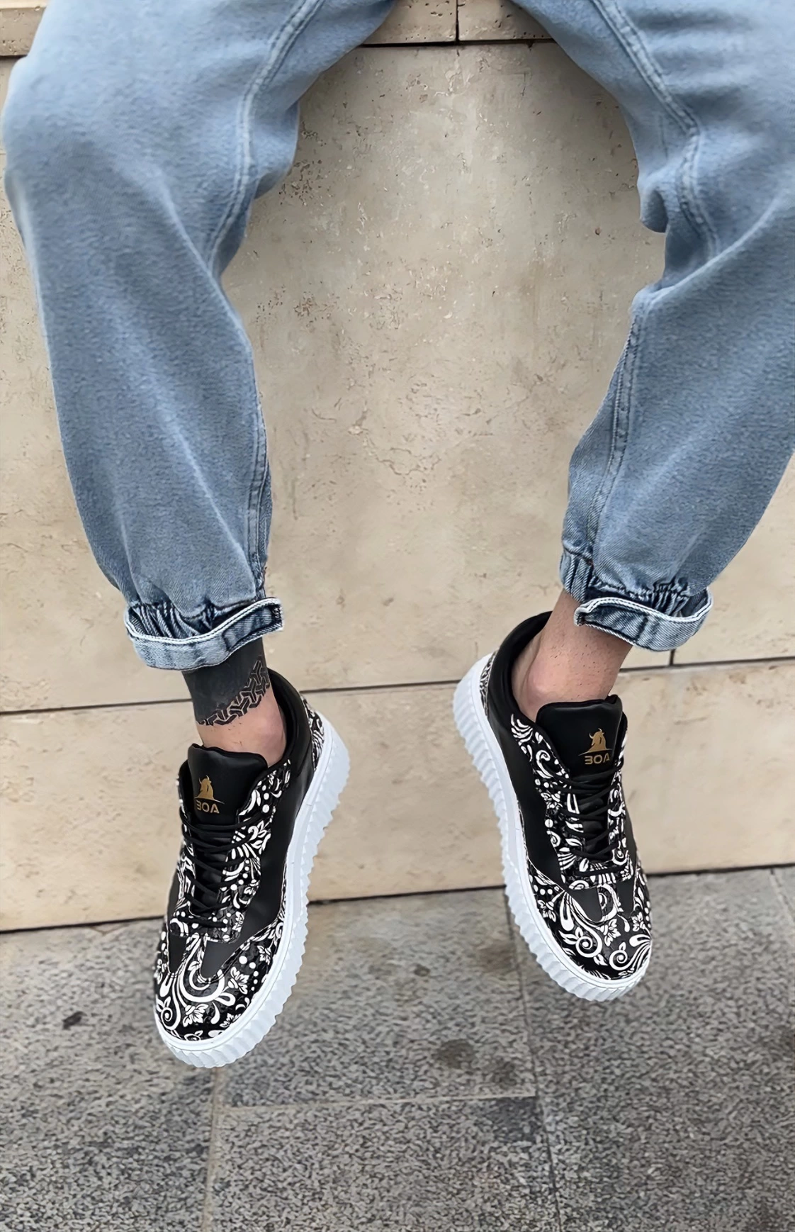 Ba0802 Boa Gotik Desenli Siyah Beyaz Yüksek Taban Erkek Erkek Günlük Ayakkabı