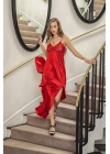DANTELLİ UZUN YIRTMAÇLI SATEN GECELİK ELBİSE STRİNG TAKIM KIRMIZI (MGP31512)