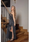 DANTELLİ UZUN YIRTMAÇLI SATEN GECELİK ELBİSE STRİNG TAKIM SİYAH (MGP31512)